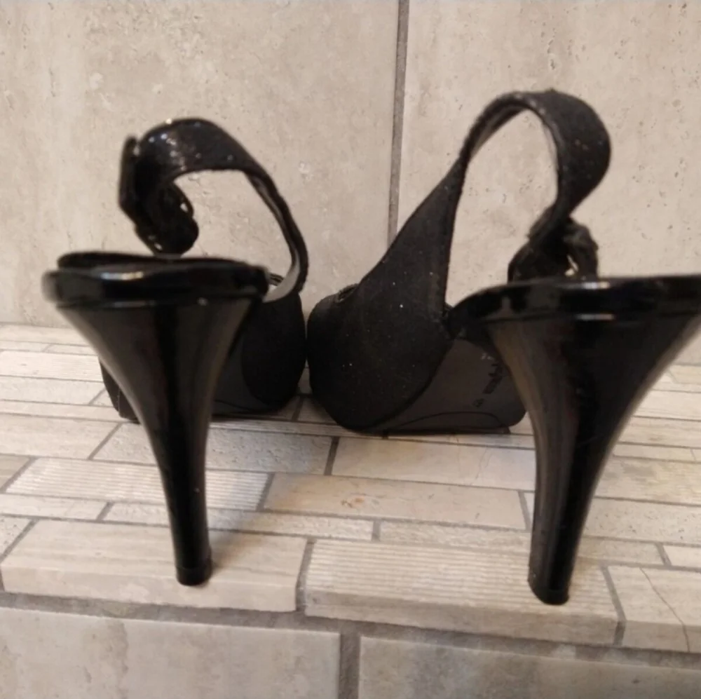FIONA NIGHT Black Heels Peeptoe Slingback Shoes Size 8M EUC Pre Loved.